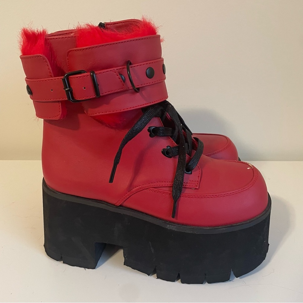 Demonia Red and Black Platform Boots - Picture 3 of 4